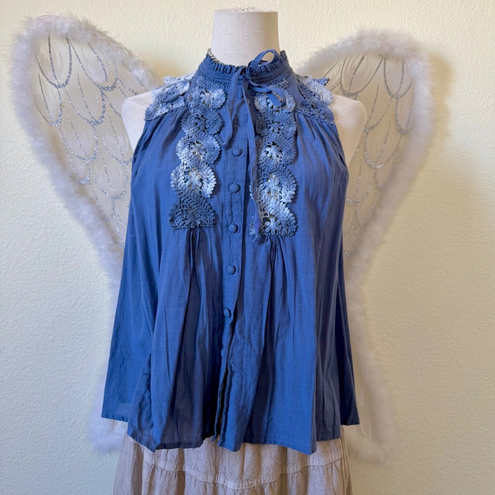 Free People Blue Lace Mock Neck Sleeveless Button Front Top Babydoll Crochet